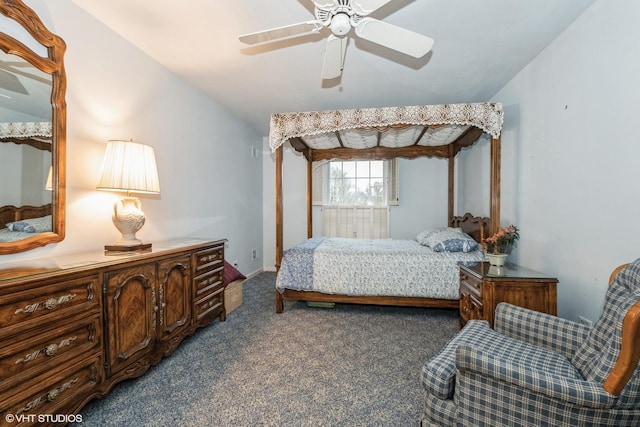 bedroom featuring ceiling fan and dark colored carpet