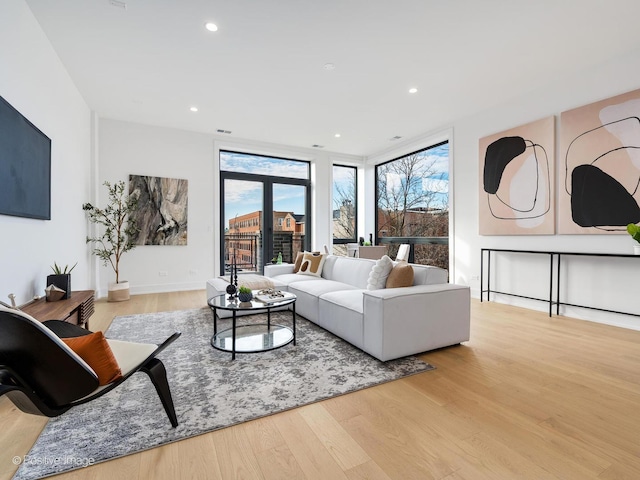 living room featuring a wall of windows and light hardwood / wood-style floors