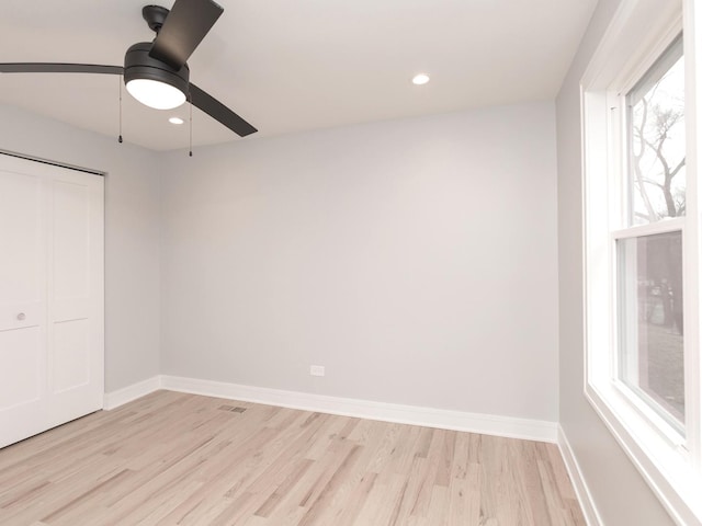6310 Hilly Way, Cary, IL 60013 - unfurnished bedroom with light wood-style floors, recessed lighting, a closet, and a ceiling fan