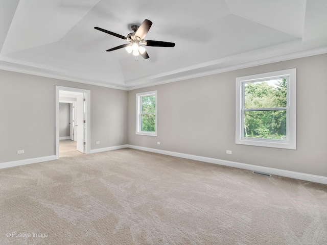 empty room with light carpet, crown molding, and a raised ceiling