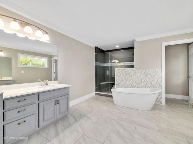 bathroom featuring vanity, ornamental molding, and shower with separate bathtub