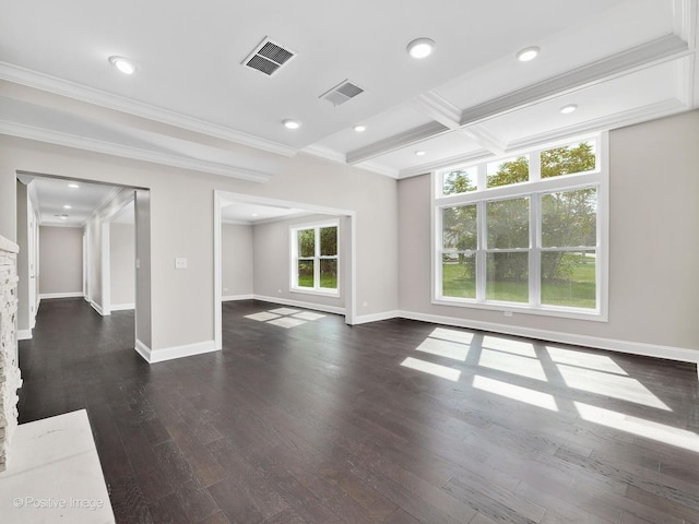 unfurnished living room with beam ceiling, dark hardwood / wood-style floors, coffered ceiling, a fireplace, and ornamental molding