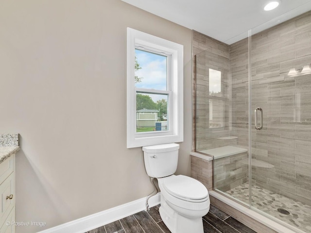 bathroom featuring vanity, toilet, and a shower with shower door