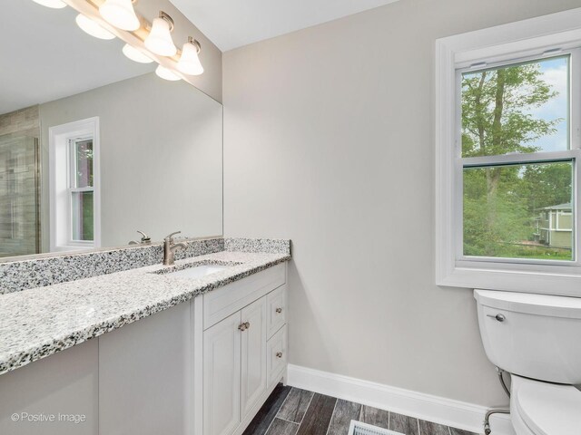 bathroom featuring vanity, hardwood / wood-style floors, a chandelier, and toilet