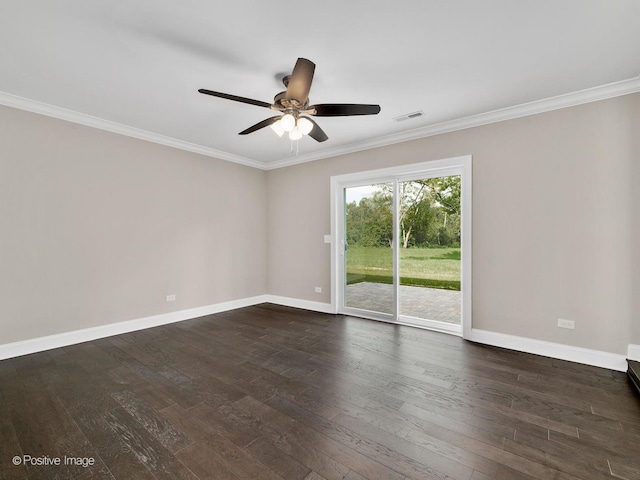 empty room with crown molding, dark wood-type flooring, and ceiling fan