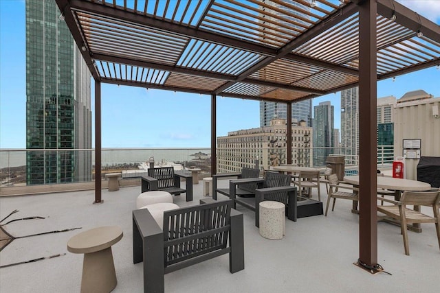 view of patio / terrace with an outdoor living space and a pergola