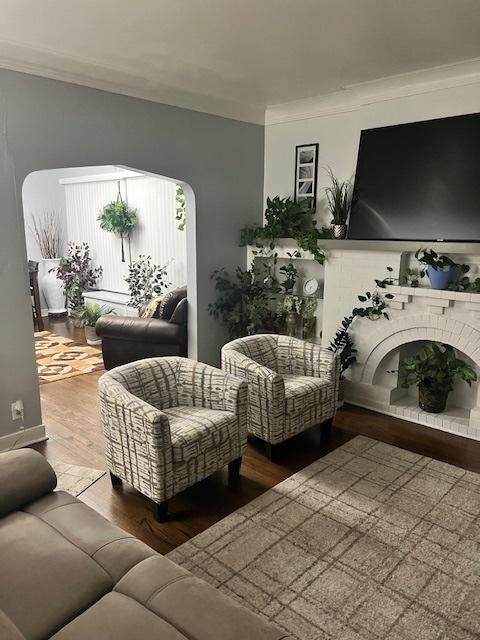 living room with crown molding, wood-type flooring, and a fireplace