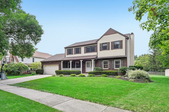 view of front facade featuring brick siding, a chimney, concrete driveway, a garage, and a front lawn