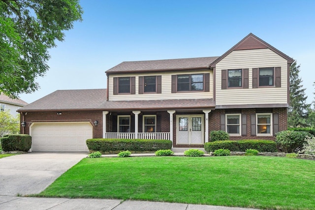 view of front of home featuring covered porch, concrete driveway, brick siding, and an attached garage