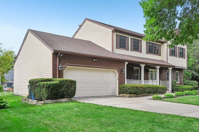 view of front of home featuring a garage, a shingled roof, covered porch, a front lawn, and brick siding