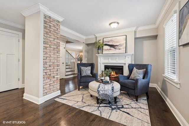 living area with crown molding and dark hardwood / wood-style flooring