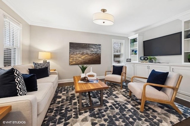 living room with dark wood-type flooring and ornamental molding