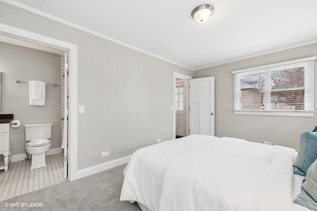 bedroom with light carpet, connected bathroom, and ornamental molding