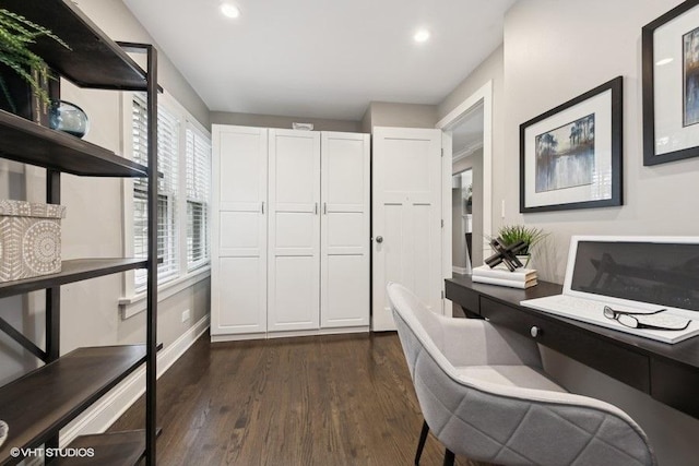 office with dark hardwood / wood-style floors