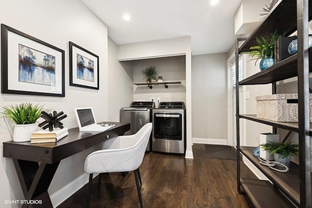 home office with dark wood-type flooring and washing machine and clothes dryer