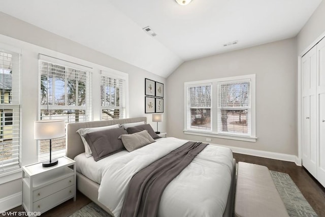 bedroom featuring multiple windows, dark hardwood / wood-style floors, and a closet