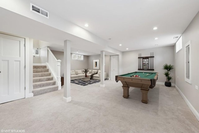 game room featuring light colored carpet and pool table