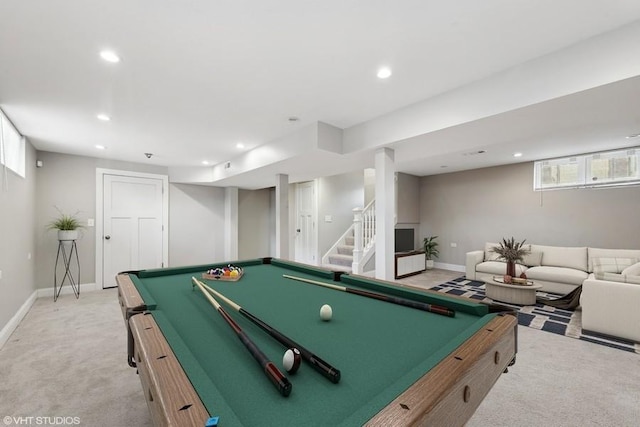 game room featuring light carpet and billiards