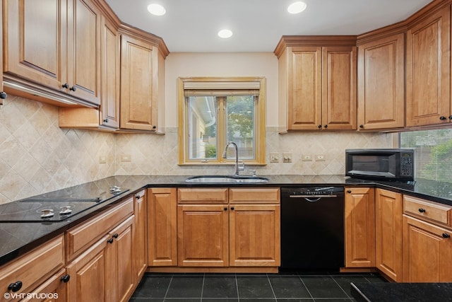 1247 Highpoint Ln, Northbrook, IL 60062 - kitchen featuring black appliances, a sink, recessed lighting, decorative backsplash, and brown cabinetry