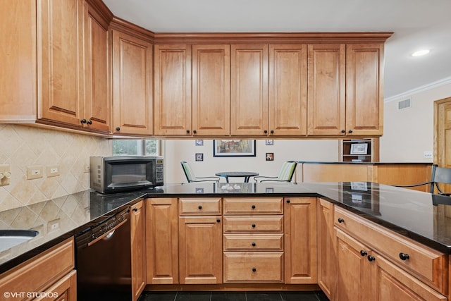 1247 Highpoint Ln, Northbrook, IL 60062 - kitchen with dishwashing machine, decorative backsplash, a peninsula, brown cabinetry, and crown molding