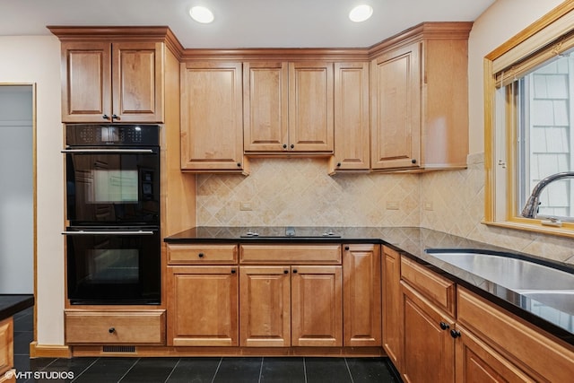 1247 Highpoint Ln, Northbrook, IL 60062 - kitchen featuring black appliances, a sink, dark countertops, decorative backsplash, and recessed lighting