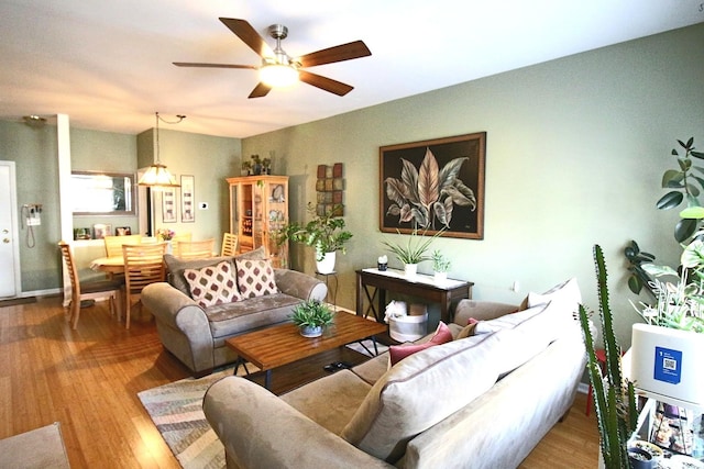 living room with hardwood / wood-style flooring and ceiling fan