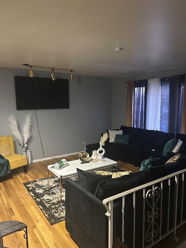 living room featuring wood-type flooring and track lighting