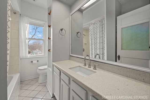 full bathroom featuring vanity, tile patterned floors, toilet, and shower / washtub combination