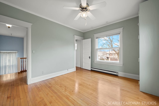 unfurnished room with a baseboard radiator, crown molding, ceiling fan, and light hardwood / wood-style floors