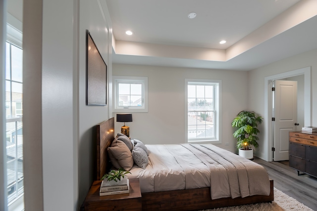 bedroom featuring light wood-type flooring and a tray ceiling