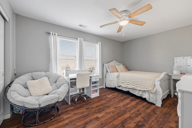 bedroom featuring dark wood-type flooring, ceiling fan, and a closet