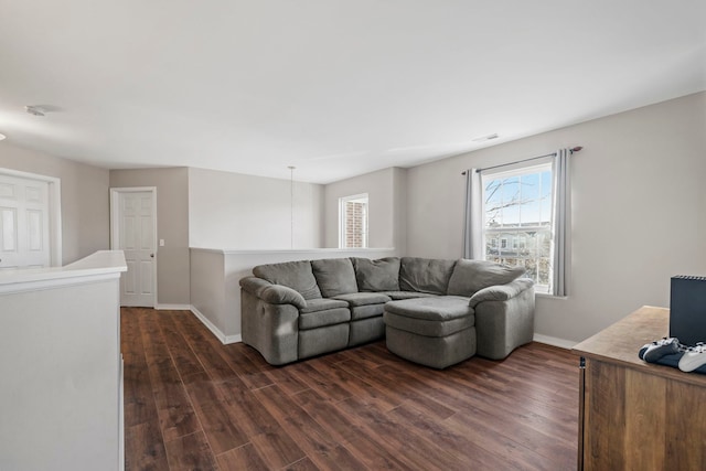 living room featuring dark wood-type flooring