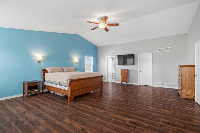 bedroom featuring lofted ceiling, dark wood-type flooring, and ceiling fan