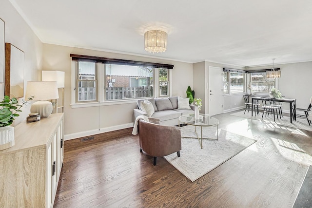 living room featuring dark wood-type flooring, a wealth of natural light, and a chandelier