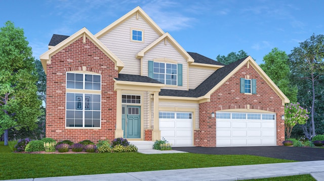 front facade featuring a garage and a front yard