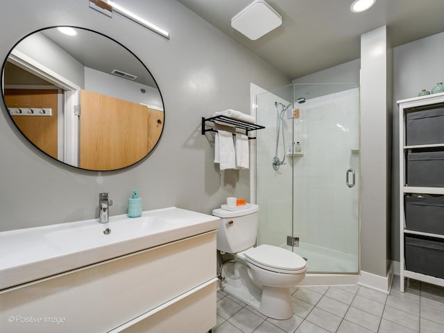 full bathroom featuring visible vents, toilet, vanity, a shower stall, and tile patterned floors