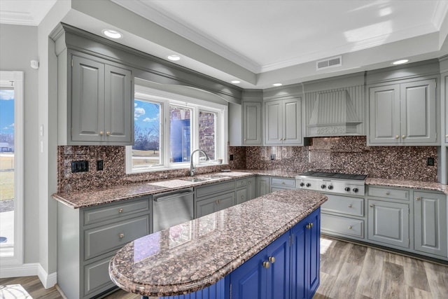 1801 Cobblefield Ct, Champaign, IL 61822 - kitchen with appliances with stainless steel finishes, a sink, gray cabinetry, light wood-style flooring, and custom exhaust hood