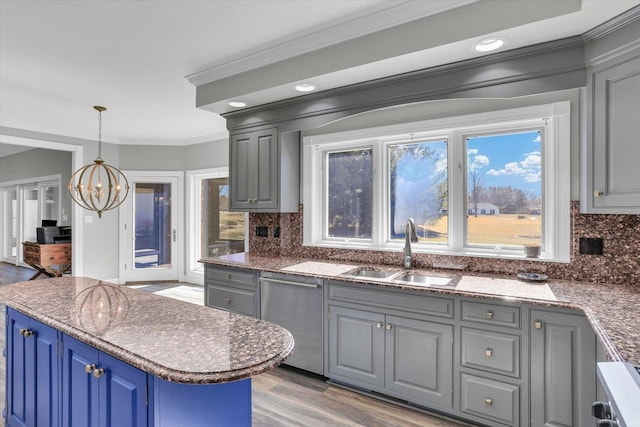 1801 Cobblefield Ct, Champaign, IL 61822 - kitchen with dishwasher, a sink, gray cabinets, decorative backsplash, and crown molding