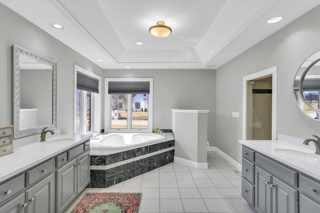 1801 Cobblefield Ct, Champaign, IL 61822 - full bath with a bath, two vanities, tile patterned flooring, a tray ceiling, and recessed lighting