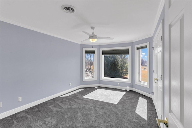 1801 Cobblefield Ct, Champaign, IL 61822 - empty room featuring dark carpet, baseboards, crown molding, and a ceiling fan
