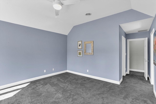 1801 Cobblefield Ct, Champaign, IL 61822 - empty room with dark carpet, baseboards, lofted ceiling, and a ceiling fan