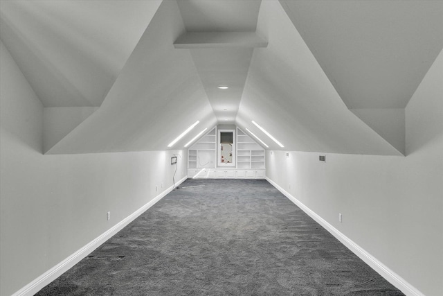 1801 Cobblefield Ct, Champaign, IL 61822 - additional living space featuring built in shelves, dark carpet, vaulted ceiling, and baseboards