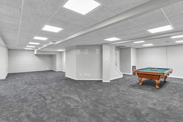 1801 Cobblefield Ct, Champaign, IL 61822 - game room featuring dark carpet, a paneled ceiling, billiards, and baseboards