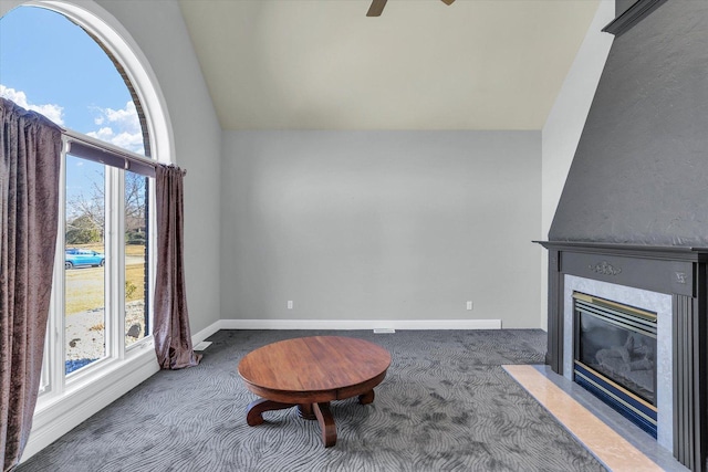 1801 Cobblefield Ct, Champaign, IL 61822 - living area featuring carpet, lofted ceiling, a high end fireplace, a ceiling fan, and baseboards
