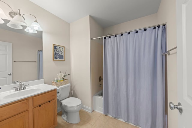 full bathroom with toilet, tile patterned floors, vanity, and shower / bathtub combination with curtain