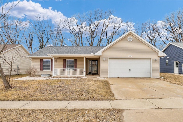 single story home featuring a garage, driveway, and a porch