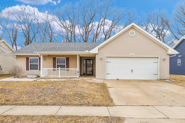 ranch-style house with a porch, driveway, a shingled roof, and a garage