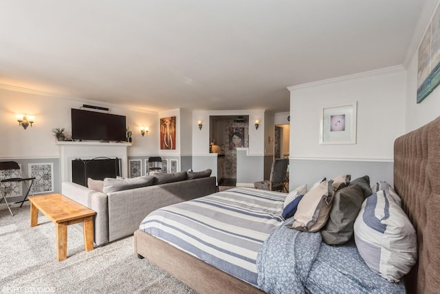 carpeted bedroom with crown molding