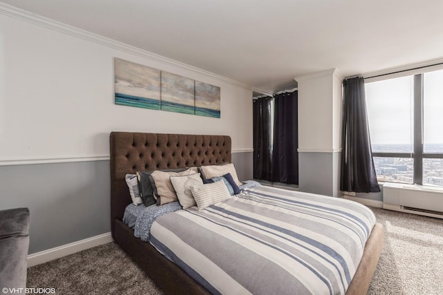 carpeted bedroom with ornamental molding