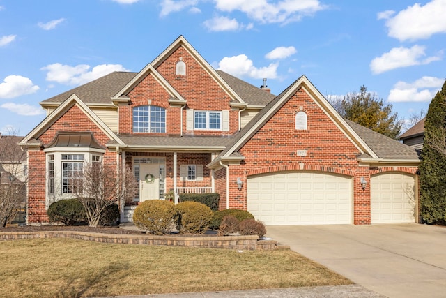 view of front of home featuring a garage, a porch, and a front lawn